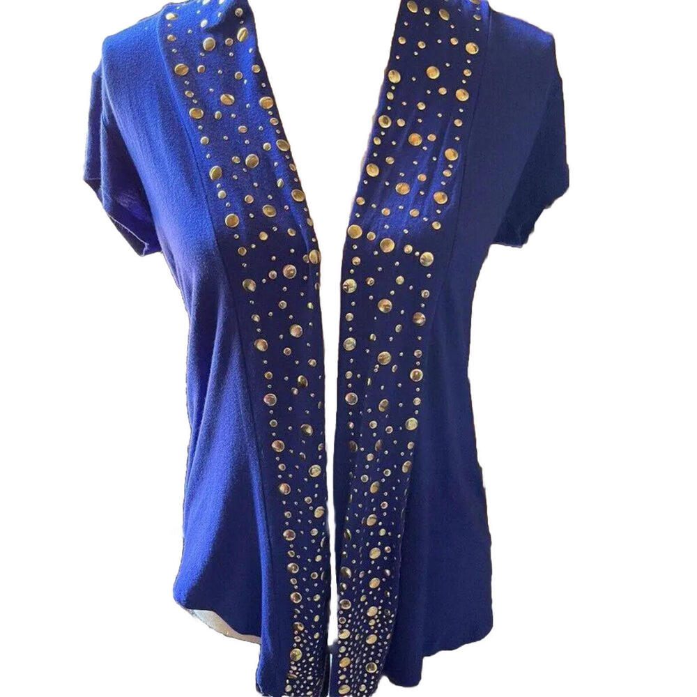 🧥🦋Cache Blue Open Front Cardigan  Short Sleeve Open Knit Studded Jacket M